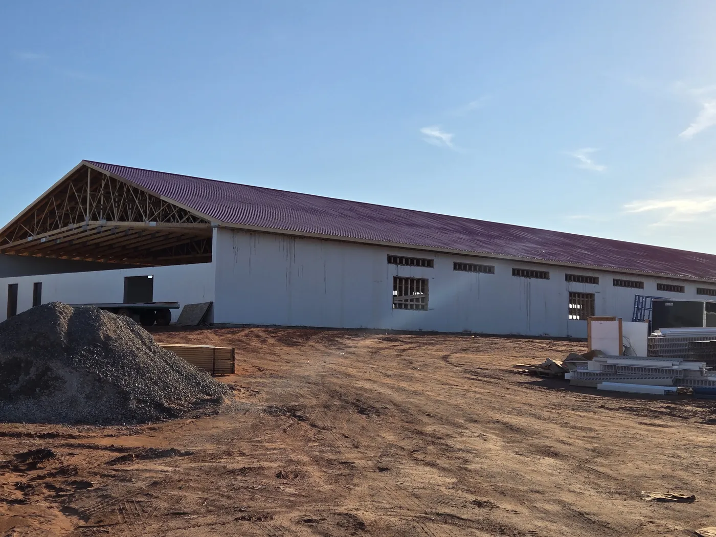 The WestCo pullet barn under construction with the trusses up